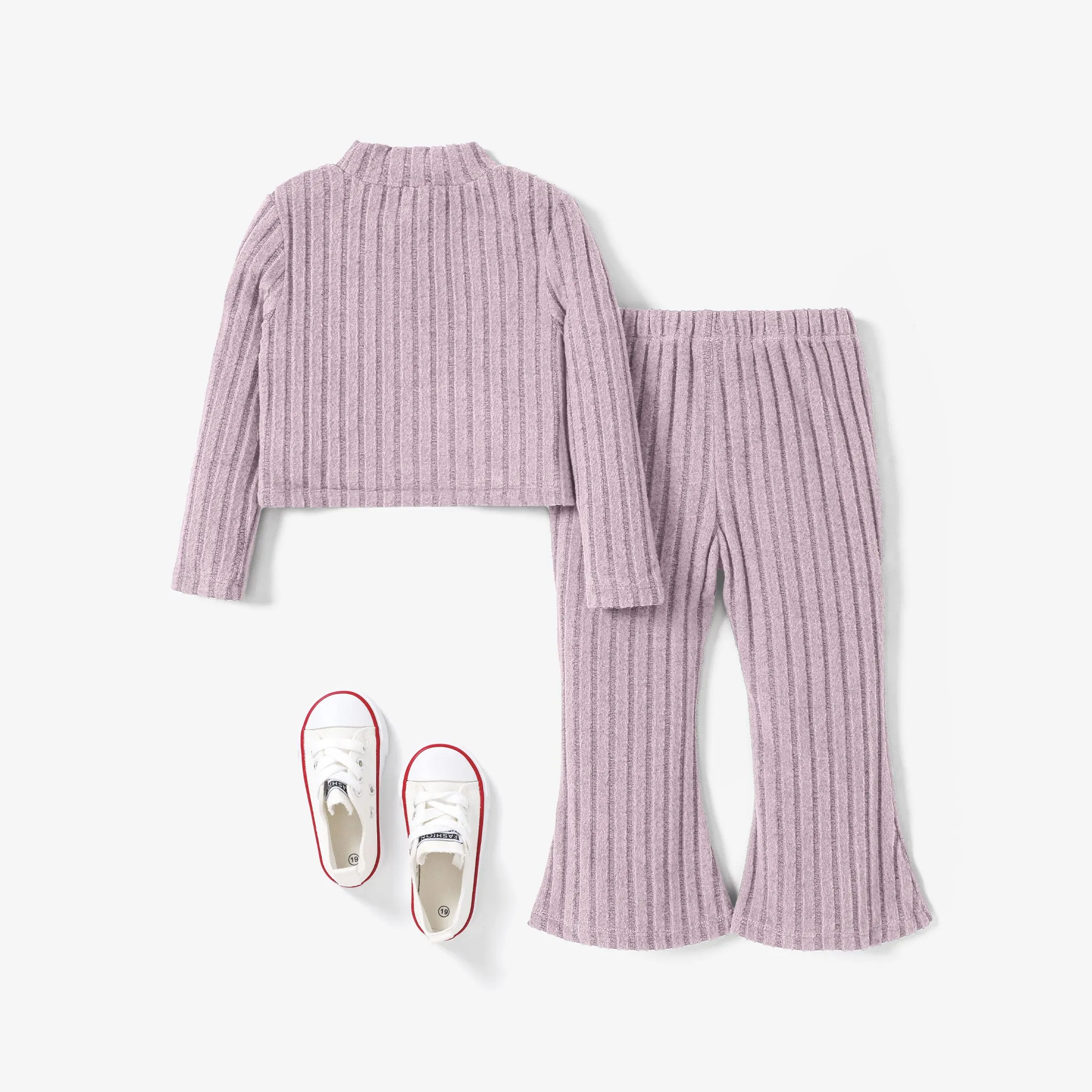 2pcs Toddler Girl's Solid Color Stand Collar Tshirt and Flares Set