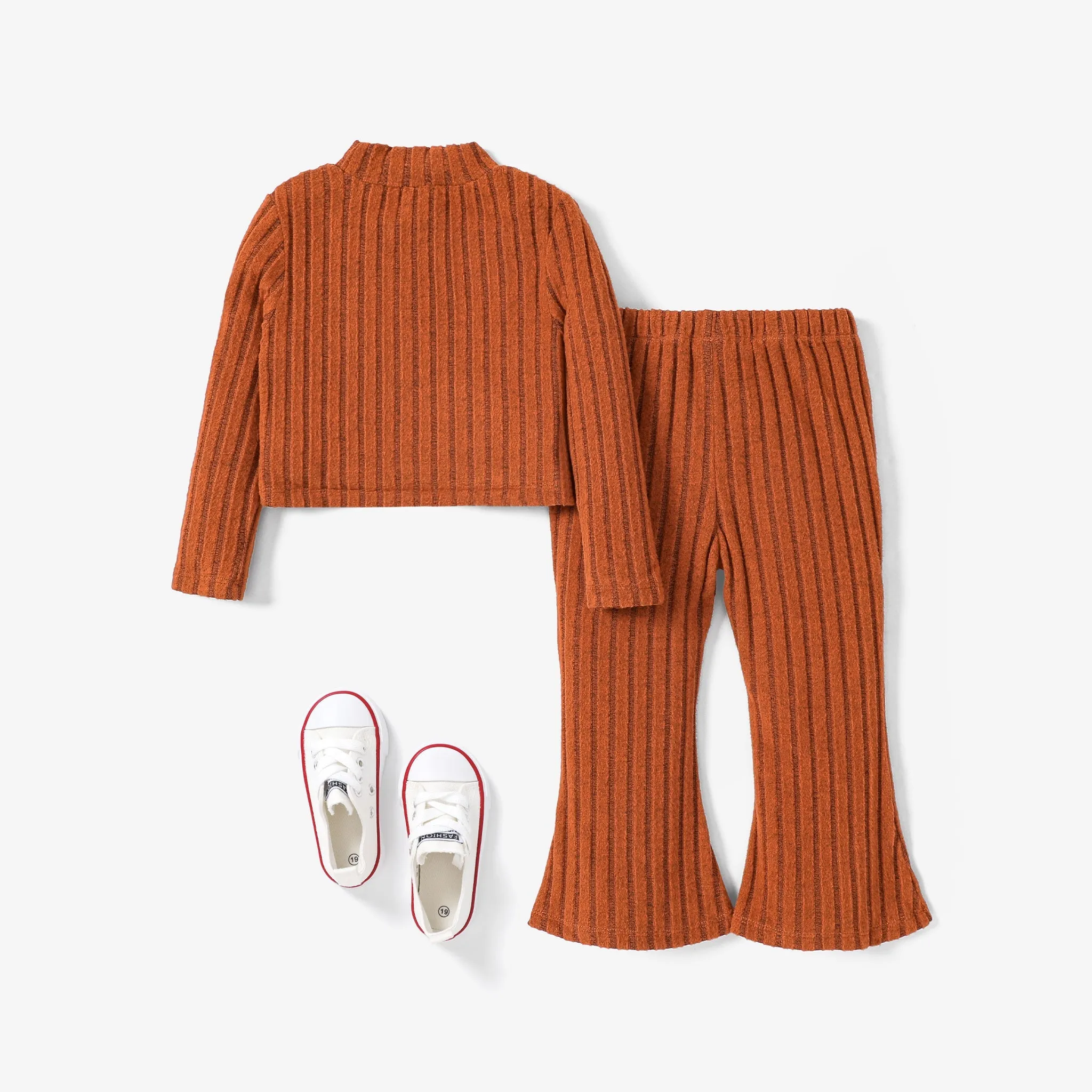 2pcs Toddler Girl's Solid Color Stand Collar Tshirt and Flares Set