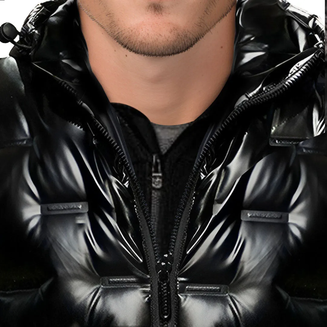 abbee Black Large Winter Hooded Glossy Down Jacket Stylish Lightweight Quilted Warm Puffer Coat