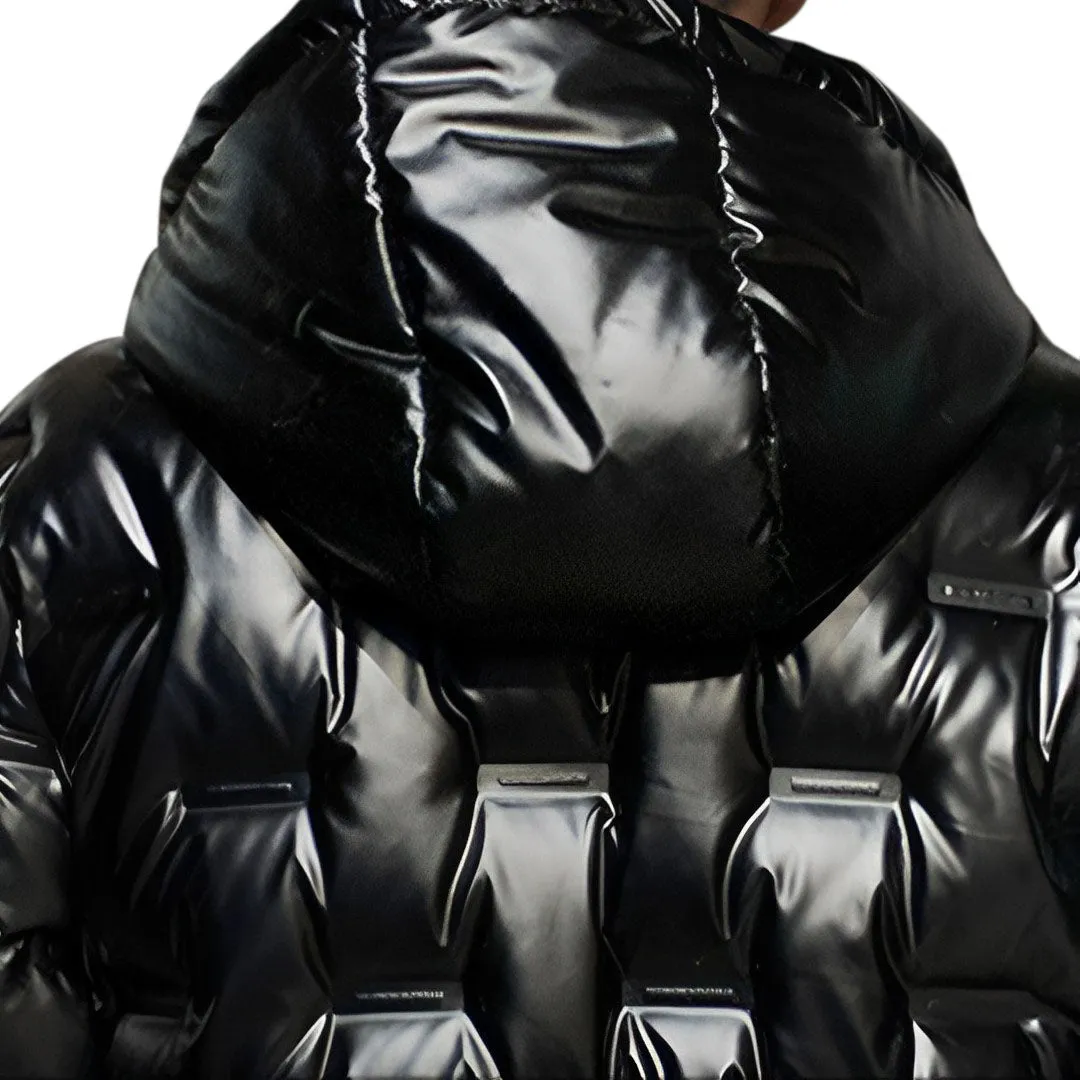 abbee Black Large Winter Hooded Glossy Down Jacket Stylish Lightweight Quilted Warm Puffer Coat