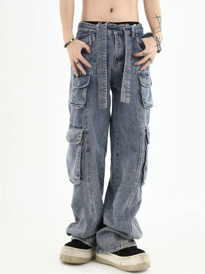 American retro multi-pocket high-waisted overalls men's y2k High street hip hop Gothic couple jeans casual straight leg pants