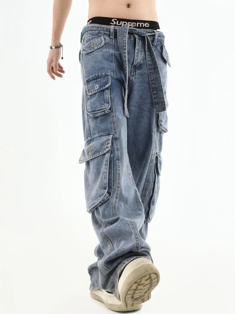 American retro multi-pocket high-waisted overalls men's y2k High street hip hop Gothic couple jeans casual straight leg pants