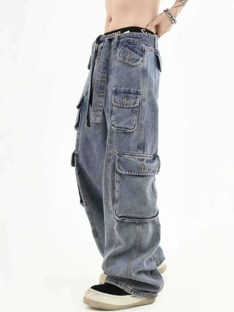 American retro multi-pocket high-waisted overalls men's y2k High street hip hop Gothic couple jeans casual straight leg pants