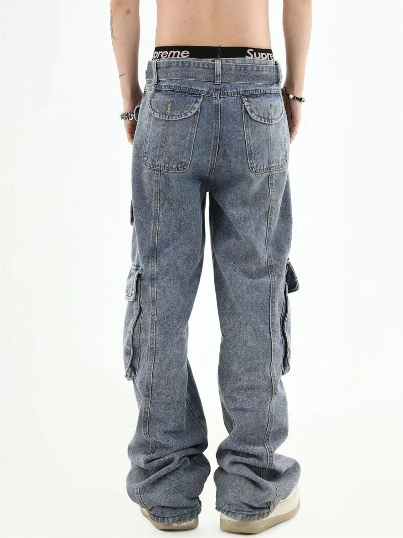 American retro multi-pocket high-waisted overalls men's y2k High street hip hop Gothic couple jeans casual straight leg pants