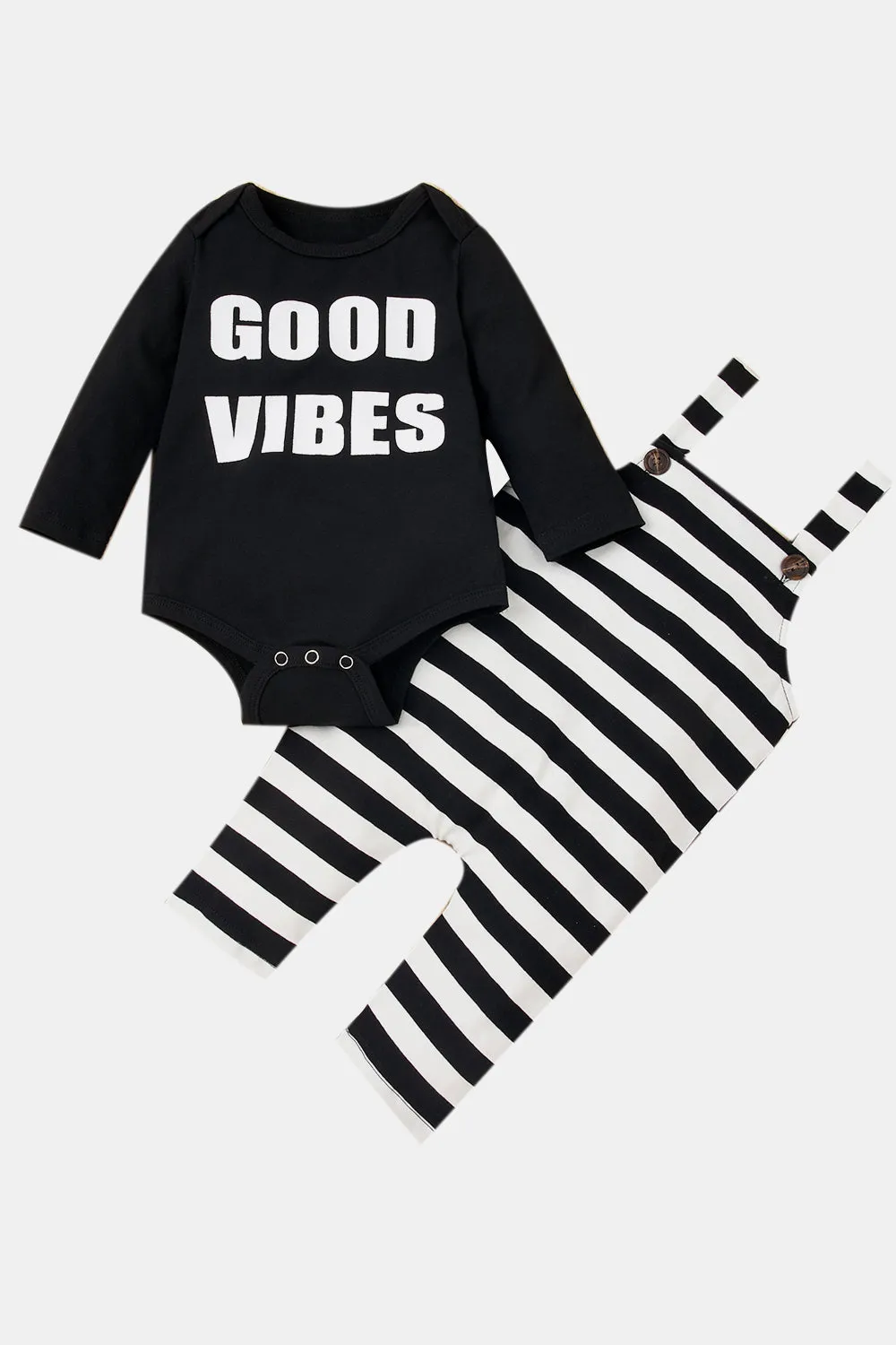 Baby Girl GOOD VIBES Bodysuit and Striped Overalls Set