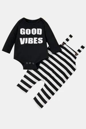 Baby Girl GOOD VIBES Bodysuit and Striped Overalls Set