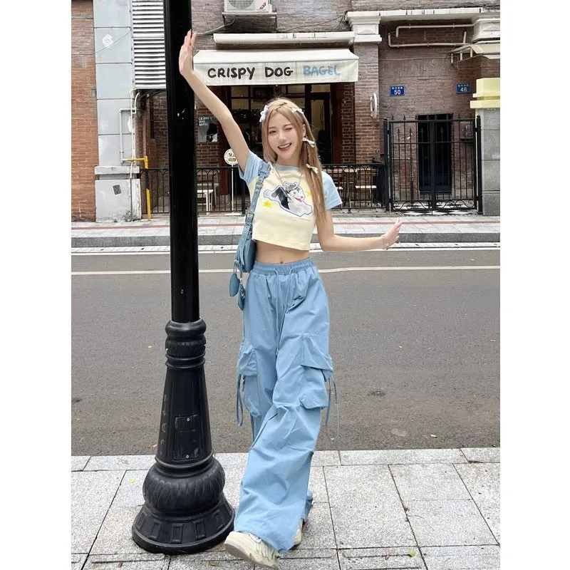 binfenxie-shop outfit ideas for school American Retro Overalls Women's Summer High Waist Straight Wide Leg Pants Design Loose Casual Mopping Pants