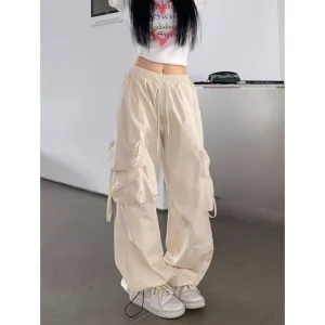 binfenxie-shop outfit ideas for school American Retro Overalls Women's Summer High Waist Straight Wide Leg Pants Design Loose Casual Mopping Pants