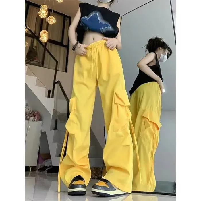 binfenxie-shop outfit ideas for school American Retro Overalls Women's Summer High Waist Straight Wide Leg Pants Design Loose Casual Mopping Pants