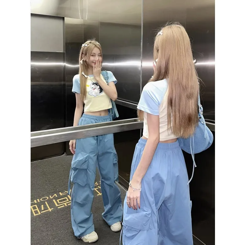 binfenxie-shop outfit ideas for school American Retro Overalls Women's Summer High Waist Straight Wide Leg Pants Design Loose Casual Mopping Pants