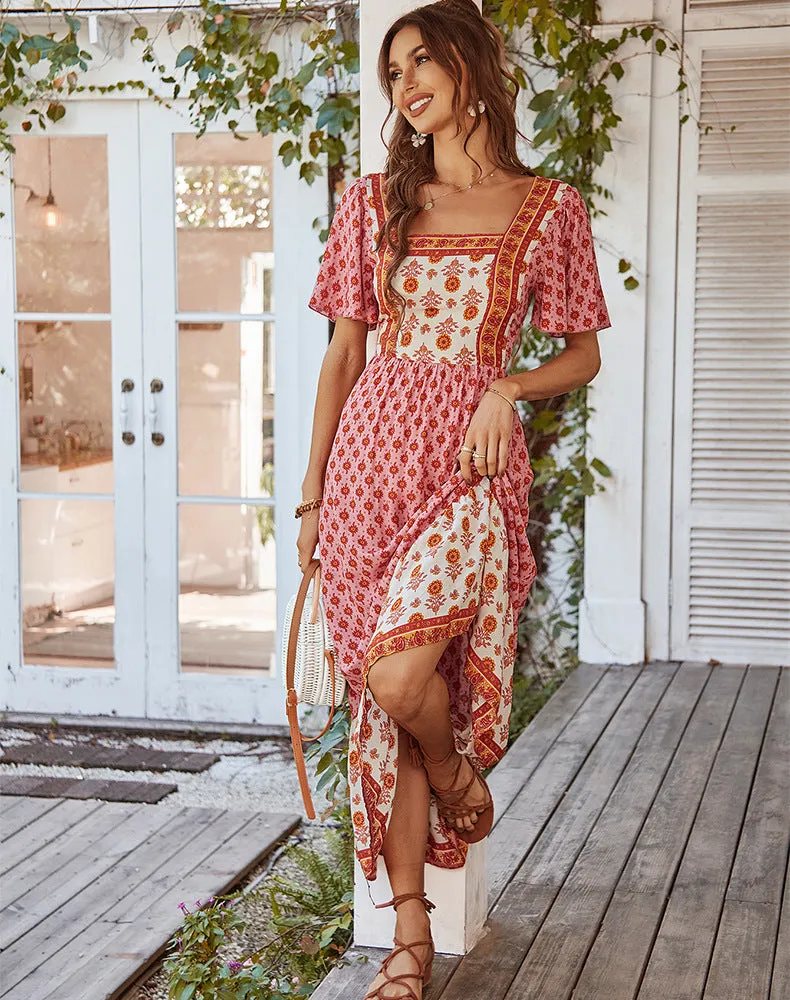 Bohemian Style Print Square Collar Dress