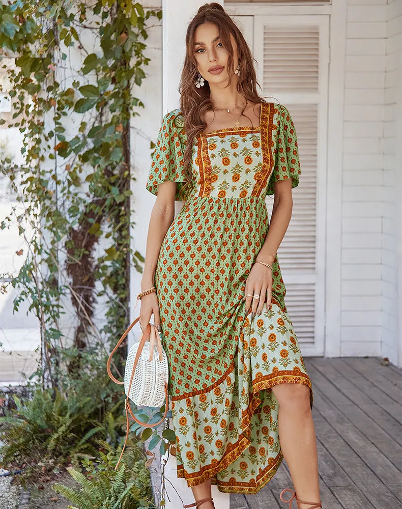 Bohemian Style Print Square Collar Dress