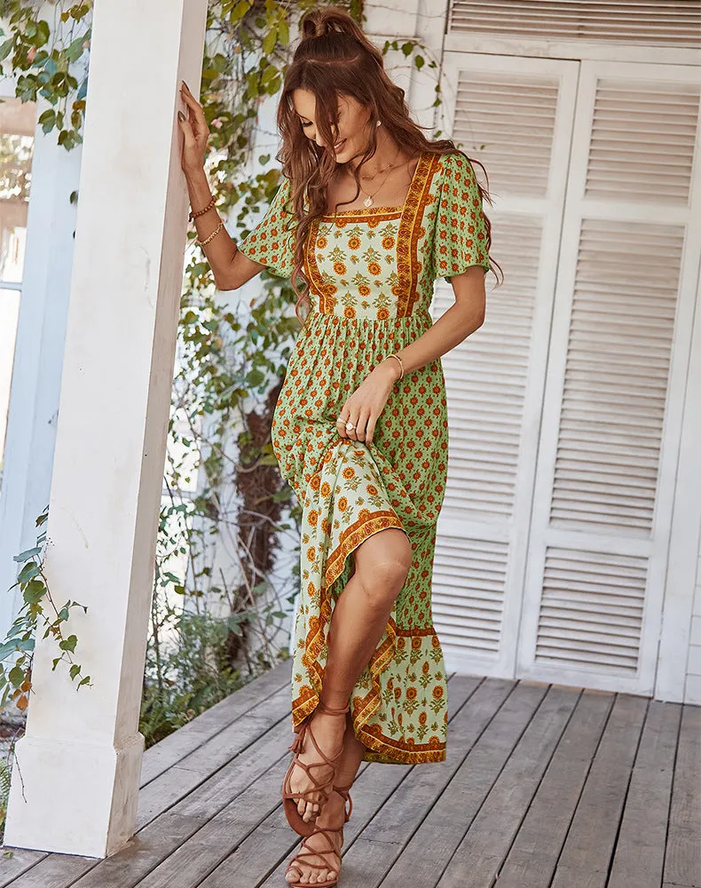 Bohemian Style Print Square Collar Dress