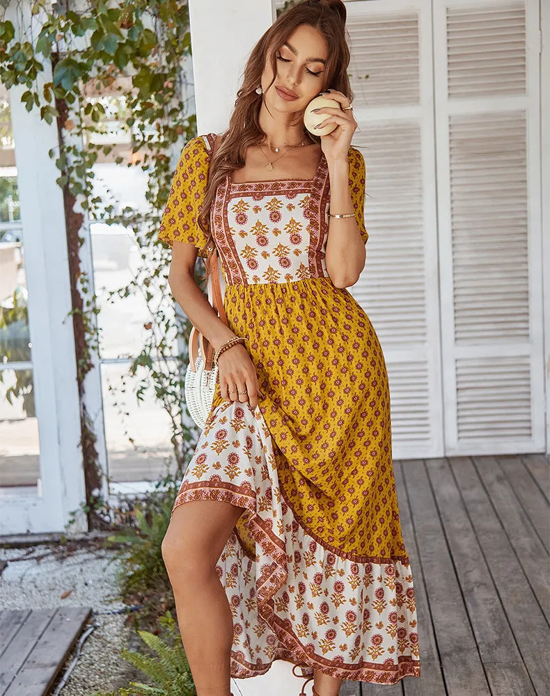 Bohemian Style Print Square Collar Dress