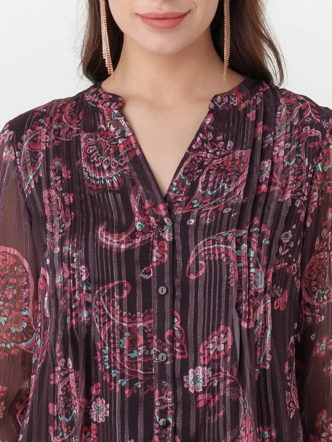 Brown Printed Shirt Styled Top