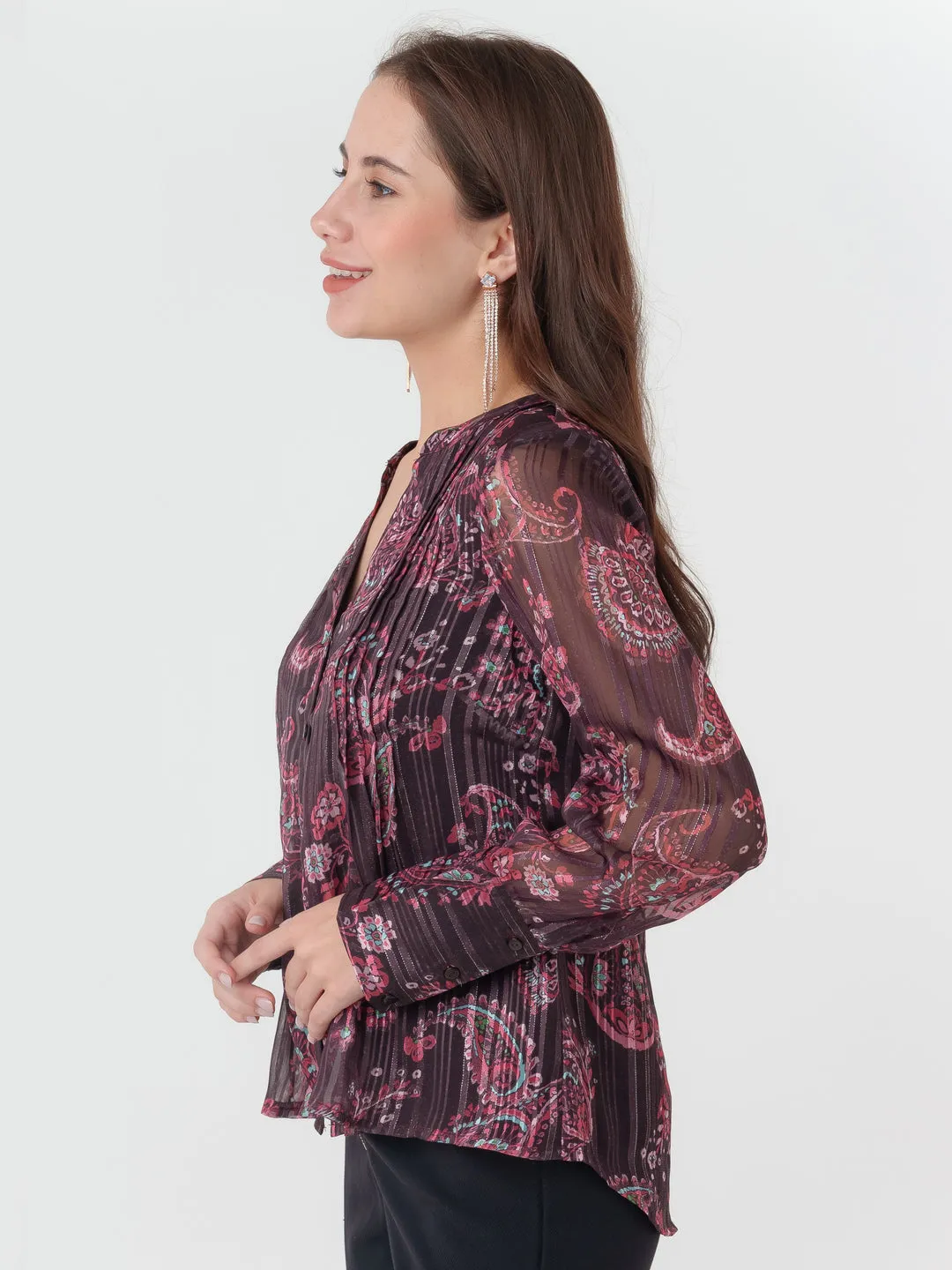 Brown Printed Shirt Styled Top