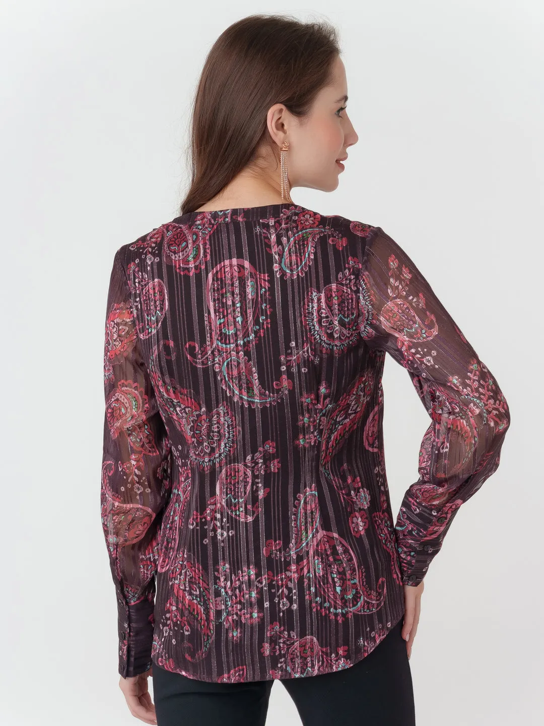 Brown Printed Shirt Styled Top