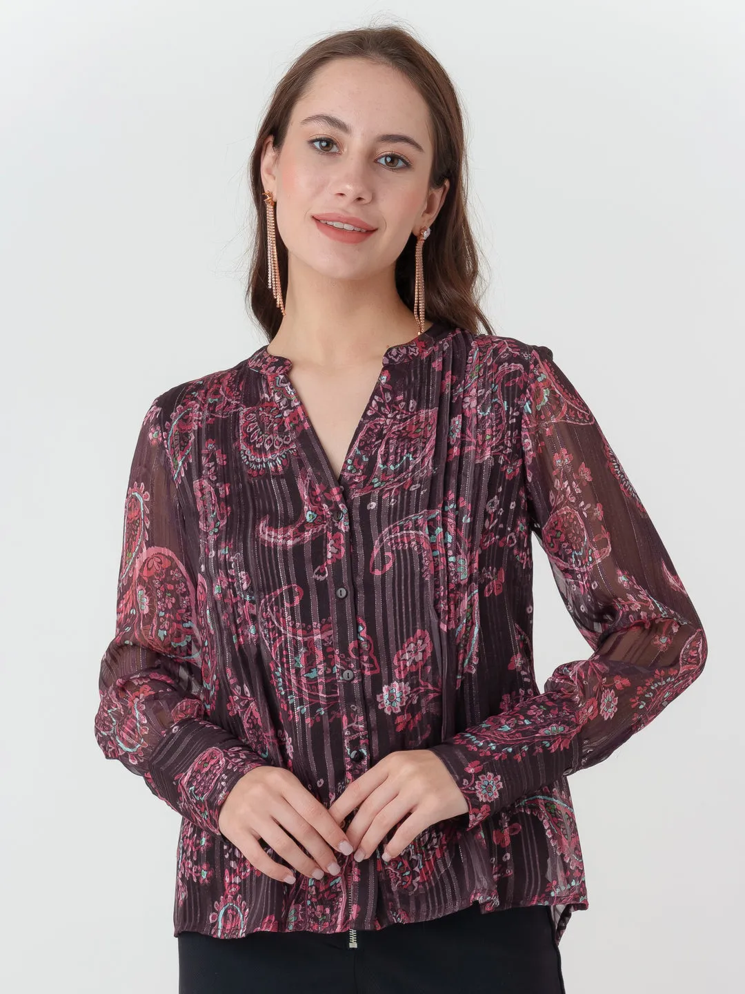 Brown Printed Shirt Styled Top