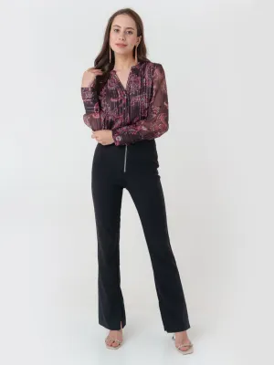 Brown Printed Shirt Styled Top