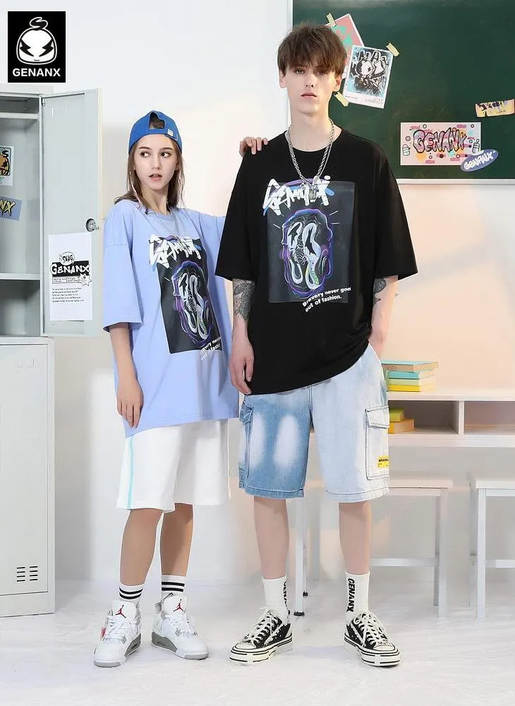 Cyberpunk Letter Graffiti Print Drop-Shoulder Sleeve T-Shirt