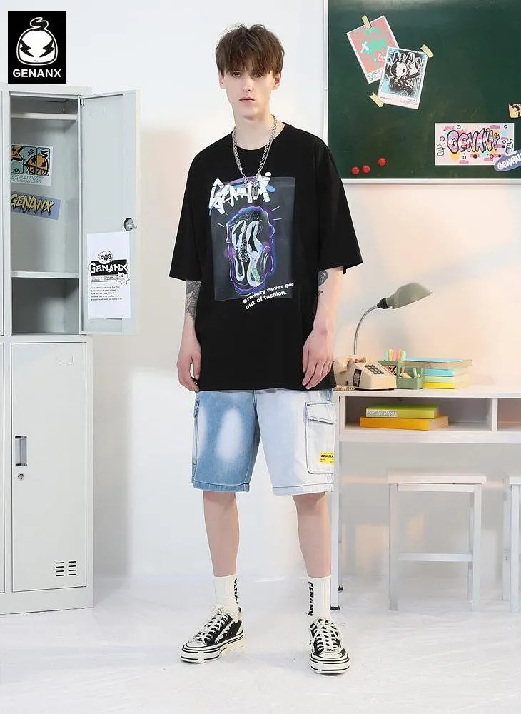 Cyberpunk Letter Graffiti Print Drop-Shoulder Sleeve T-Shirt