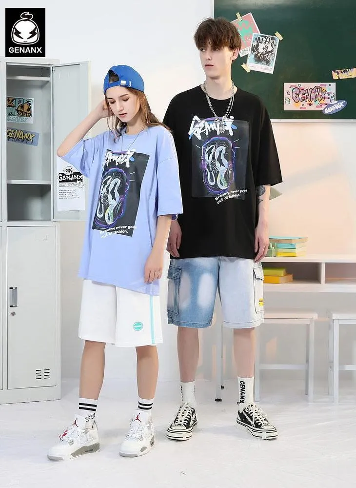 Cyberpunk Letter Graffiti Print Drop-Shoulder Sleeve T-Shirt