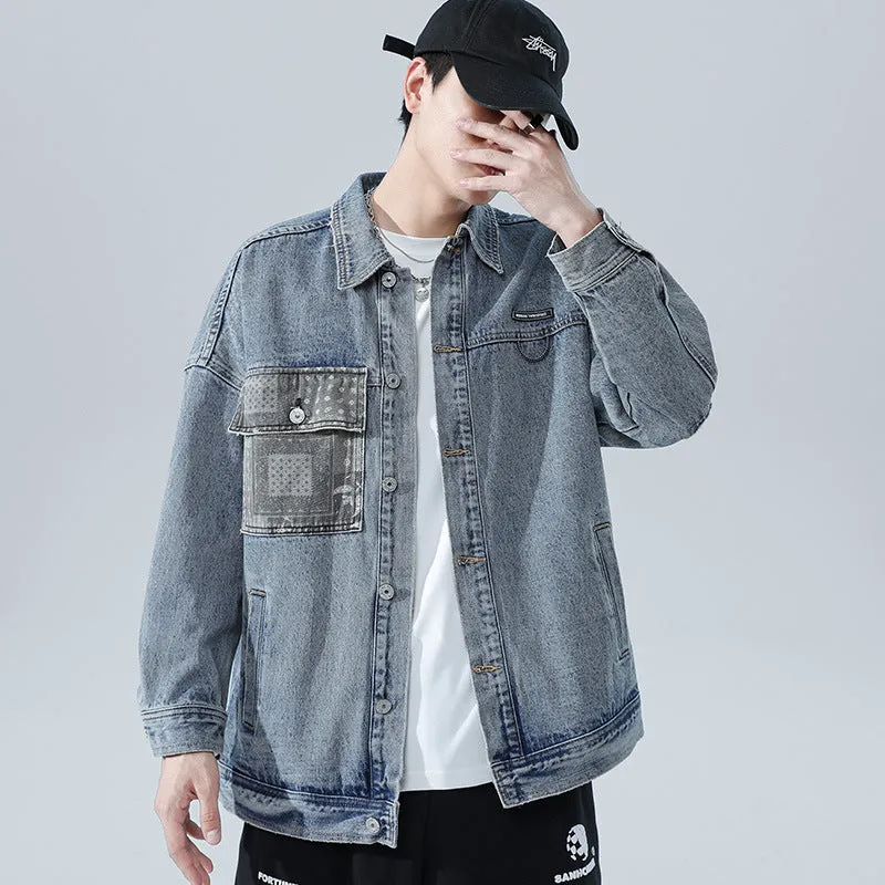 Denim Varsity Jacket Denim Jacket Men's Loose Autumn and Winter Washed Overalls Versatile Retro Jacket