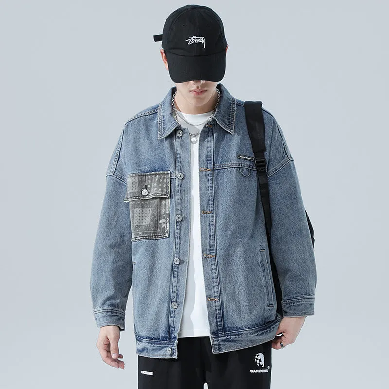 Denim Varsity Jacket Denim Jacket Men's Loose Autumn and Winter Washed Overalls Versatile Retro Jacket