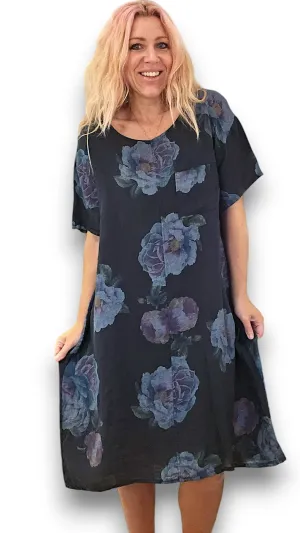 EASY PEASY TEE SHAPE LINEN DRESS OMBRE PEONY NAVY