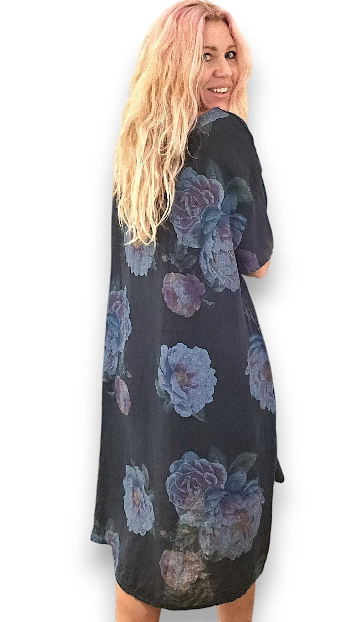 EASY PEASY TEE SHAPE LINEN DRESS OMBRE PEONY NAVY