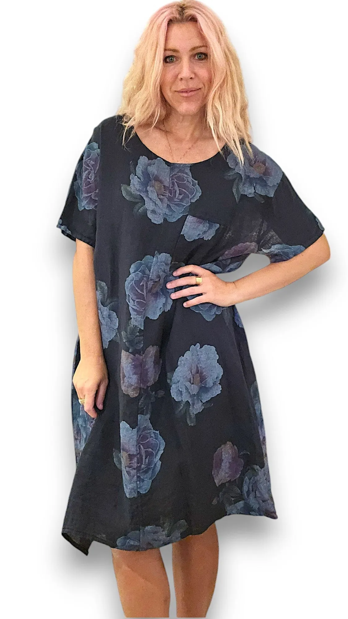 EASY PEASY TEE SHAPE LINEN DRESS OMBRE PEONY NAVY