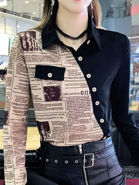 Elegant Fashion Character Button Blouse Slim Turn-down Collar Open Stitch Women  Clothing Popularity Tops Asymmetrical Shirt