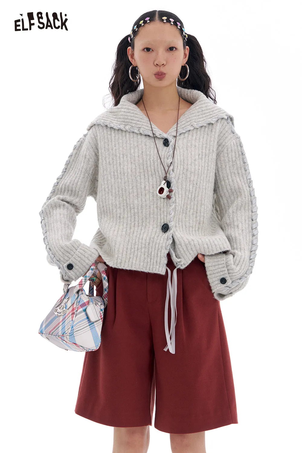ELFSACK 2025 Spring New Arrivals Gray Simple Loose Knitted Cardigan Women's Tie-Strap Design Sweater