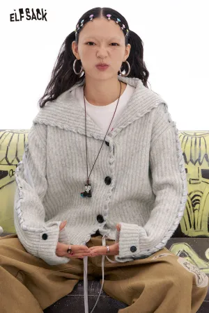 ELFSACK 2025 Spring New Arrivals Gray Simple Loose Knitted Cardigan Women's Tie-Strap Design Sweater