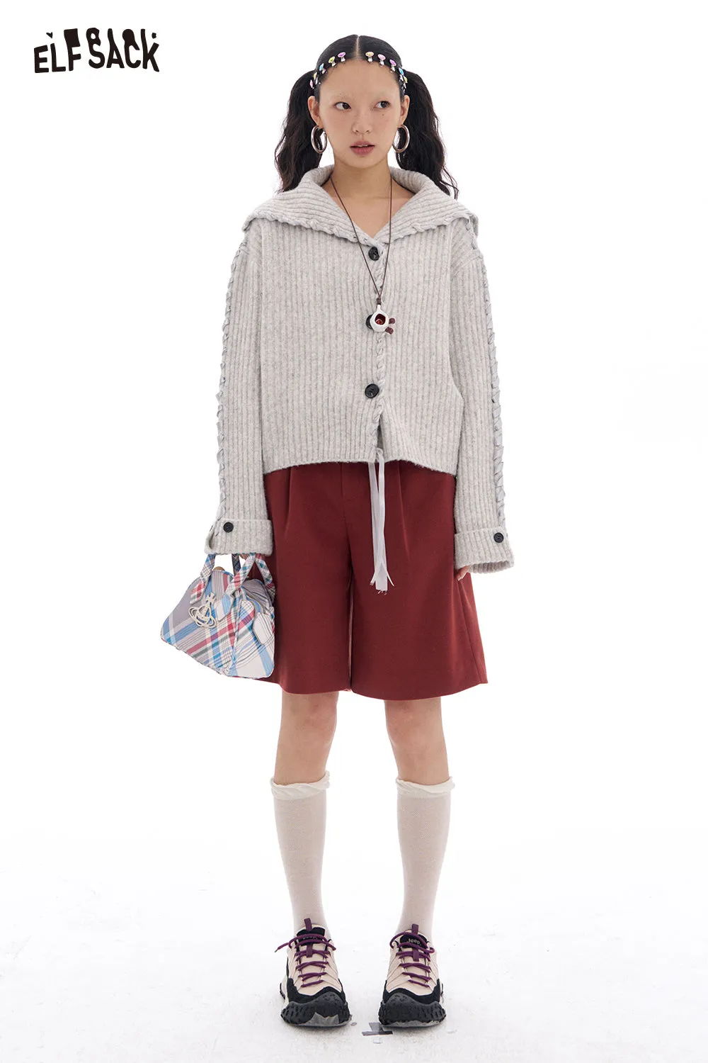 ELFSACK 2025 Spring New Arrivals Gray Simple Loose Knitted Cardigan Women's Tie-Strap Design Sweater