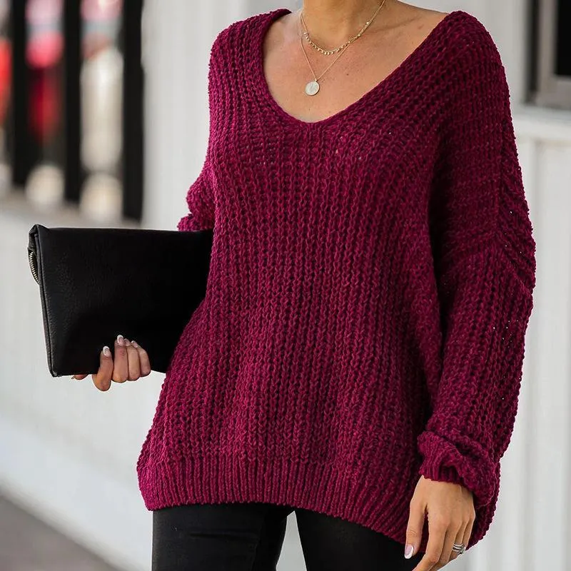 Fashion Women's Solid Color V-neck Loose Sweater