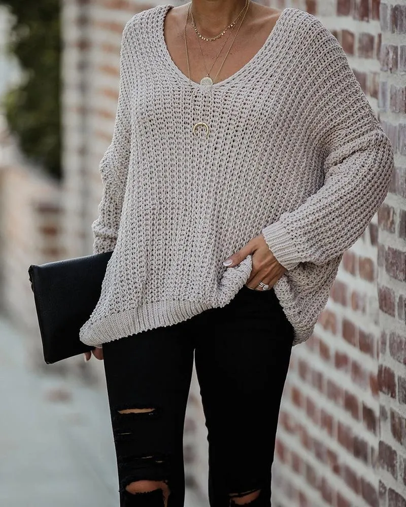 Fashion Women's Solid Color V-neck Loose Sweater