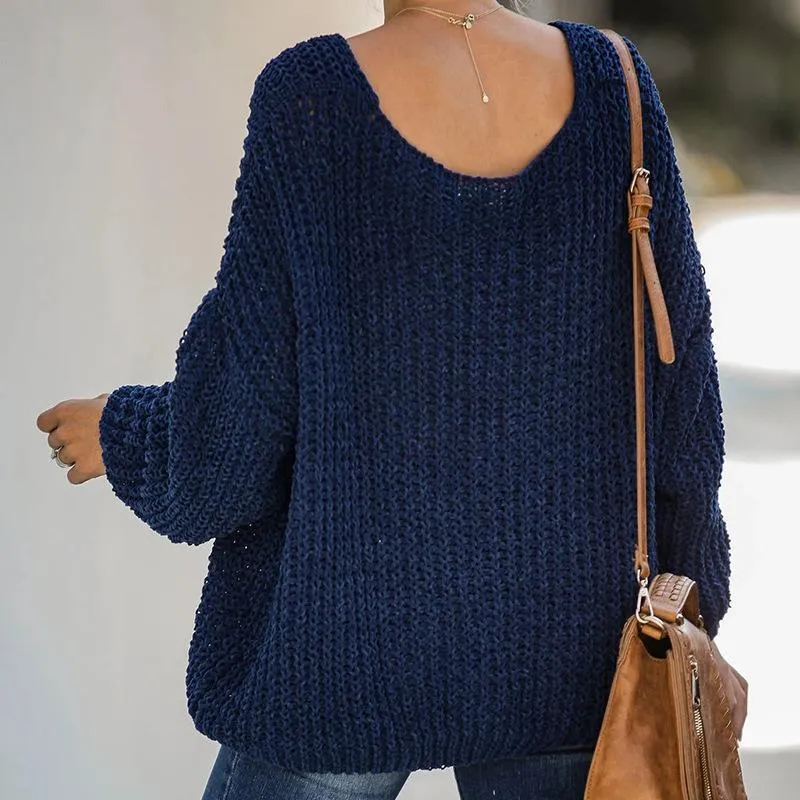 Fashion Women's Solid Color V-neck Loose Sweater