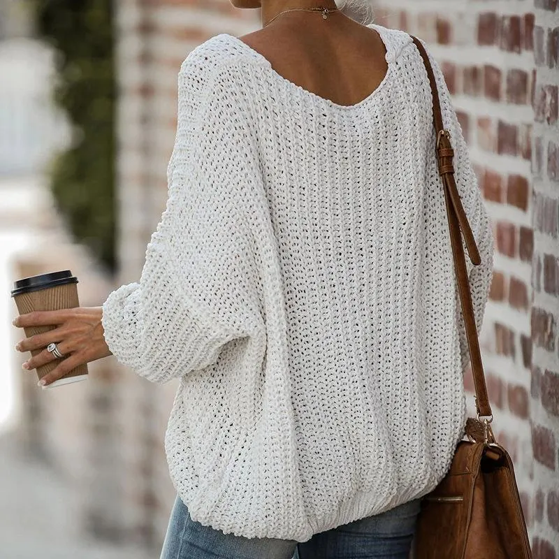 Fashion Women's Solid Color V-neck Loose Sweater