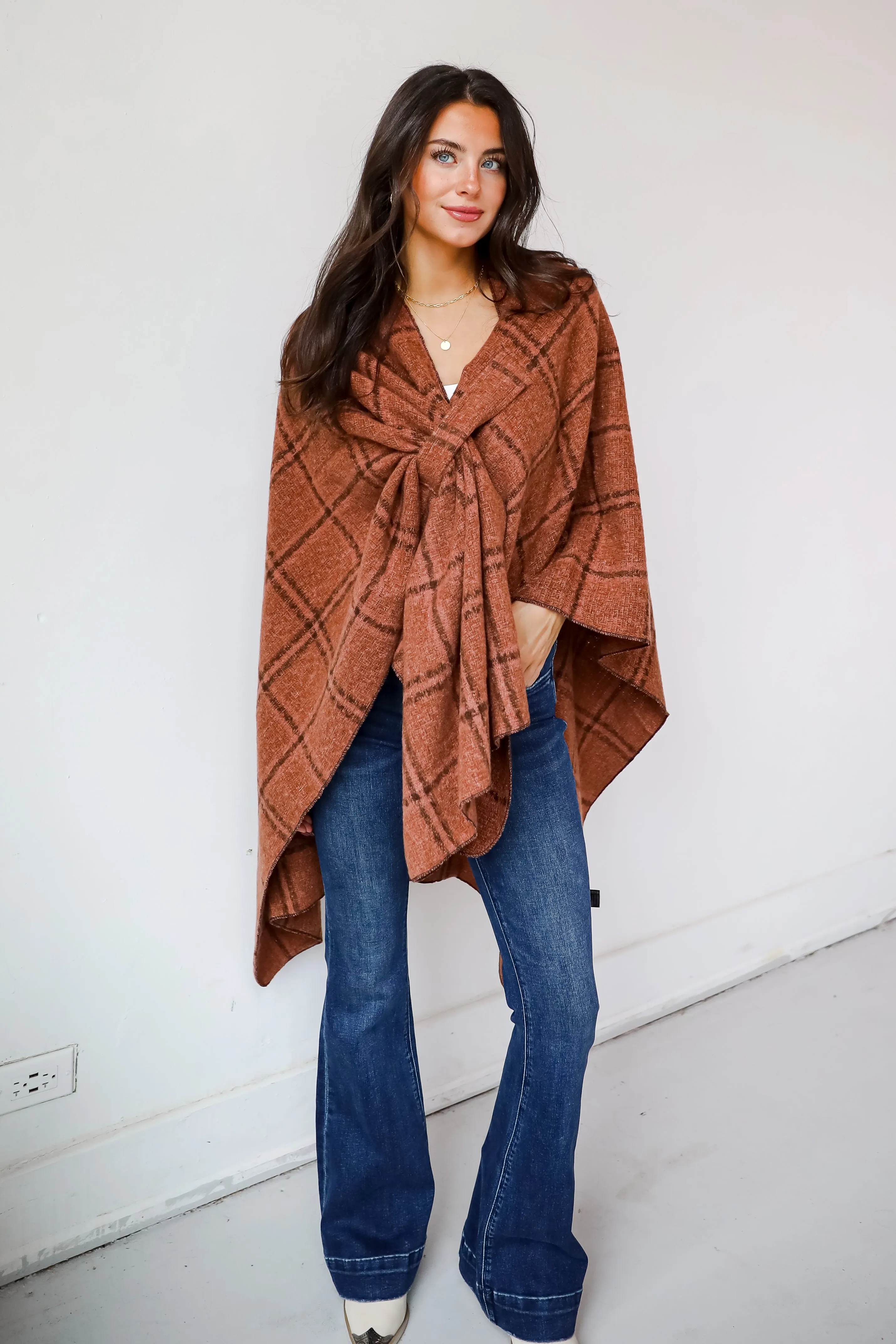 FINAL SALE - Cozy Success Rust Plaid Shawl - DOORBUSTER