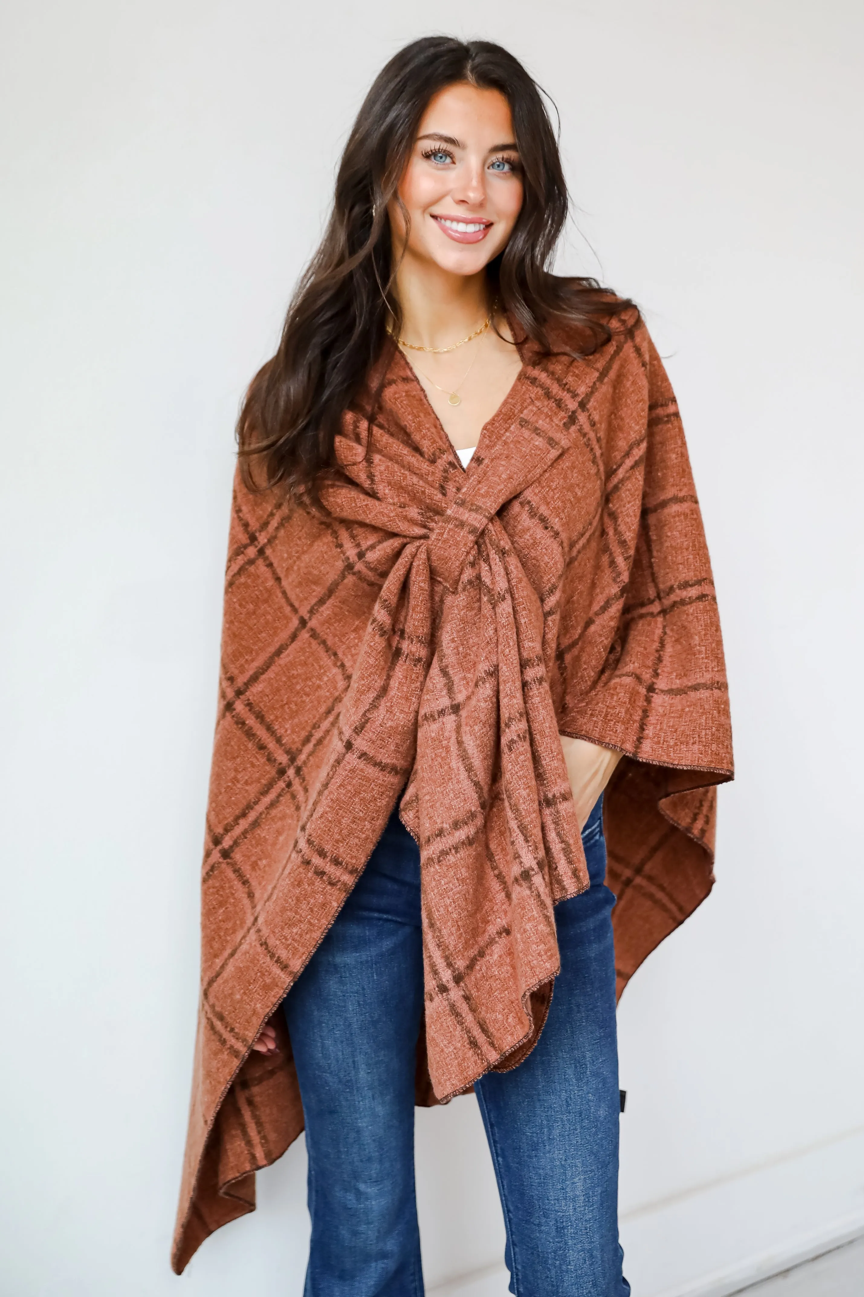 FINAL SALE - Cozy Success Rust Plaid Shawl - DOORBUSTER