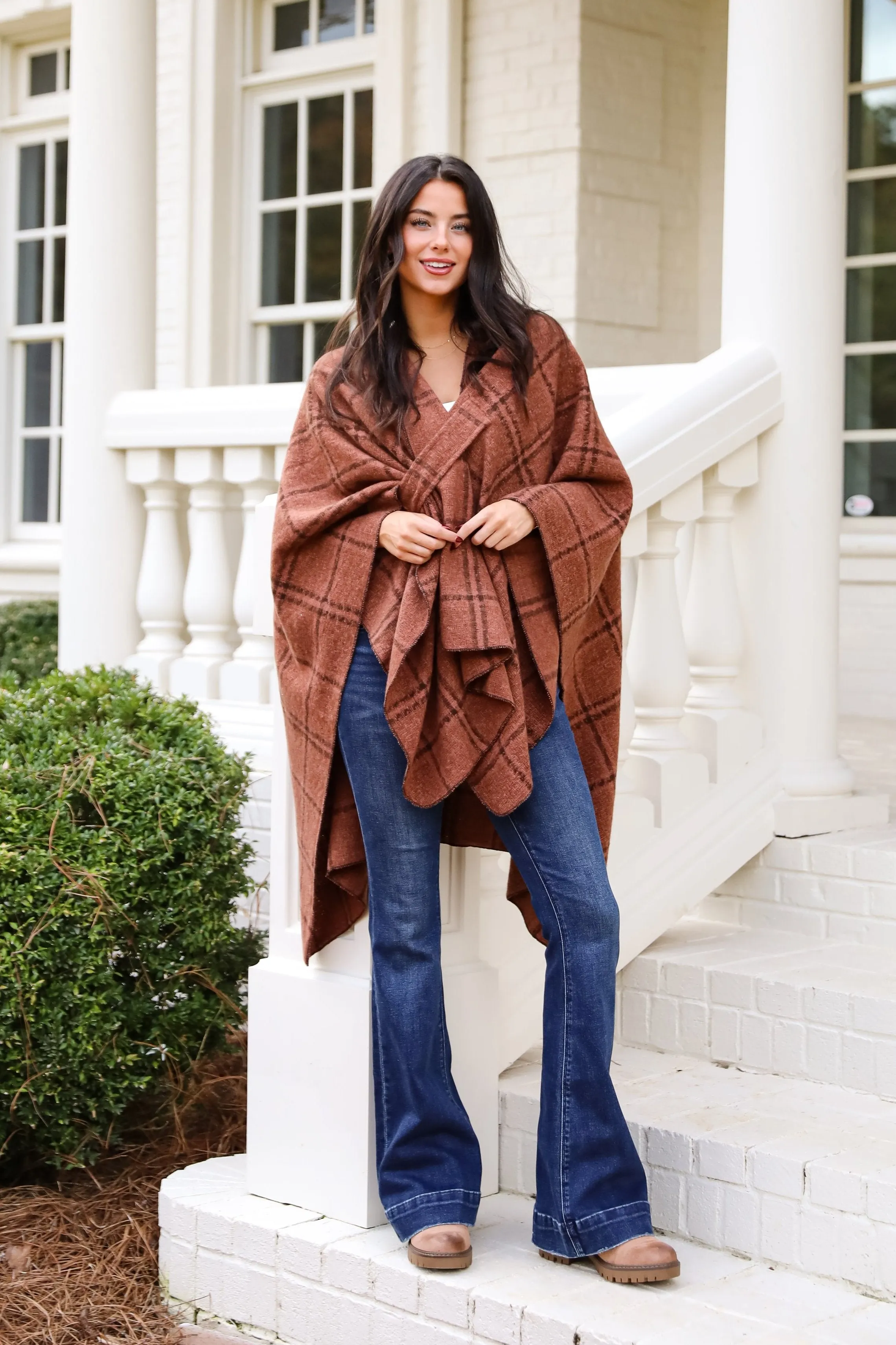 FINAL SALE - Cozy Success Rust Plaid Shawl - DOORBUSTER