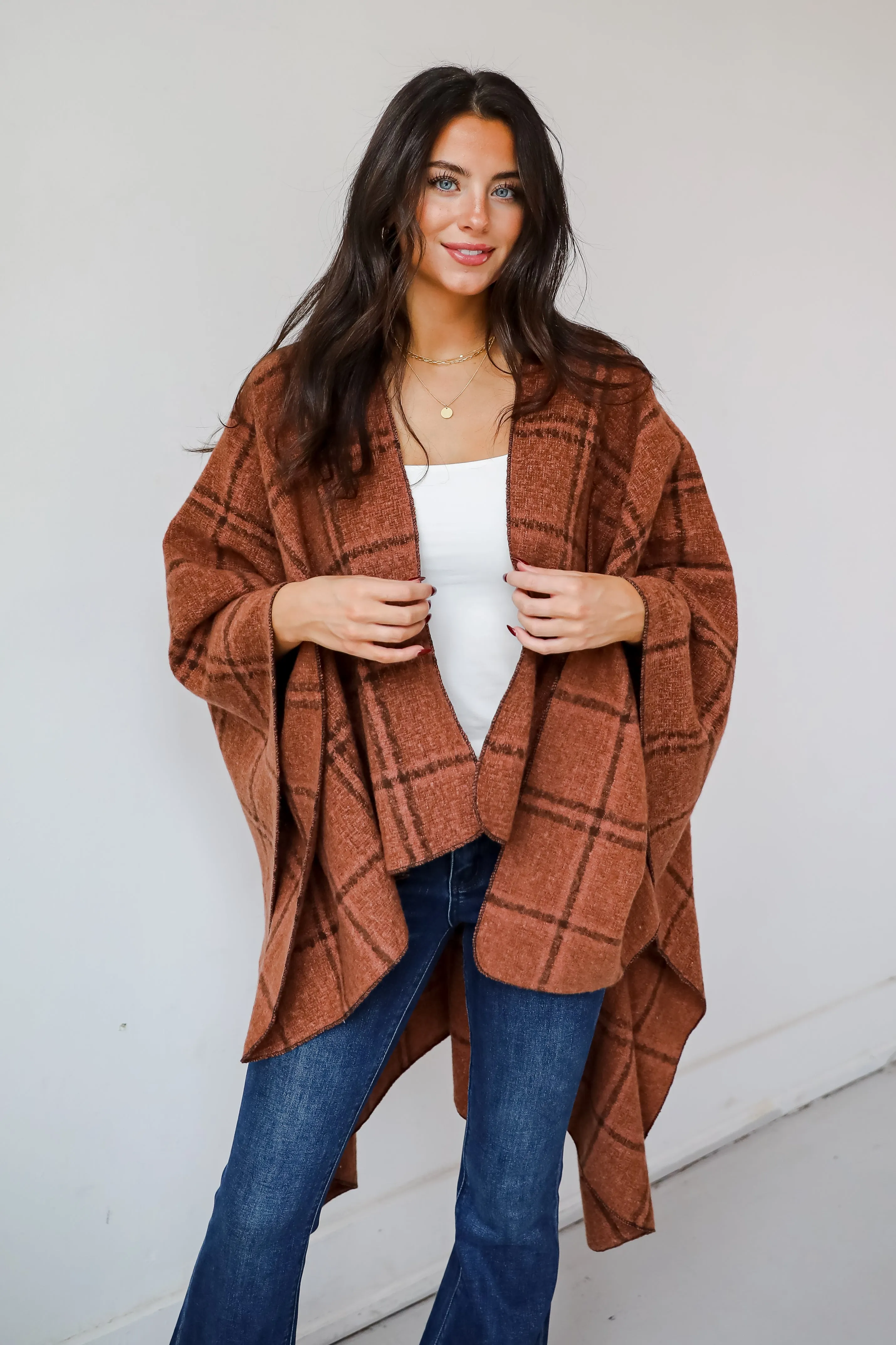 FINAL SALE - Cozy Success Rust Plaid Shawl - DOORBUSTER