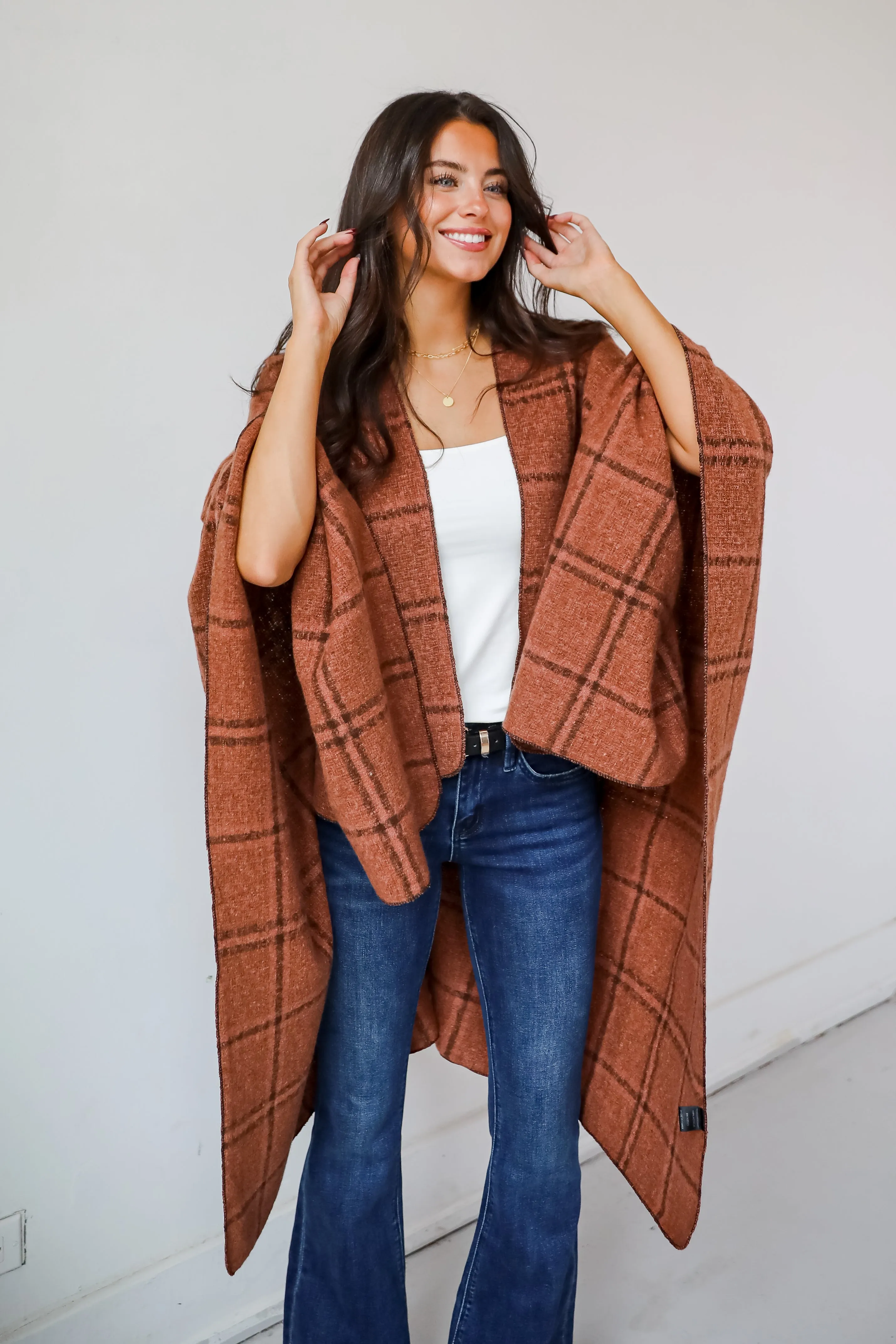 FINAL SALE - Cozy Success Rust Plaid Shawl - DOORBUSTER
