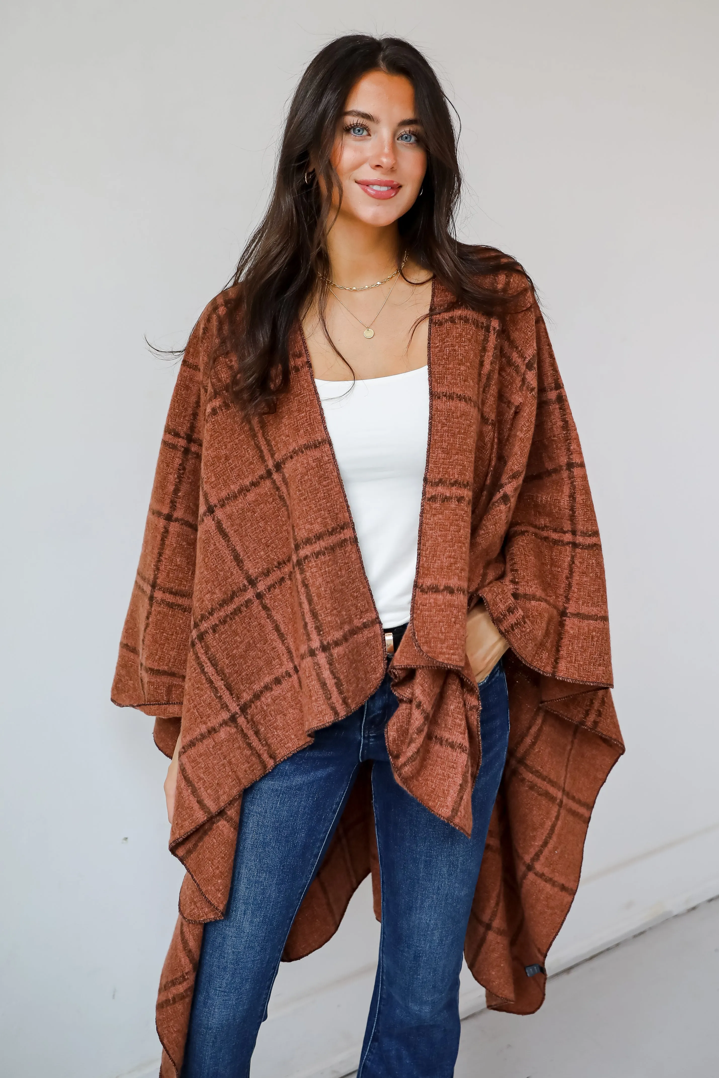 FINAL SALE - Cozy Success Rust Plaid Shawl - DOORBUSTER