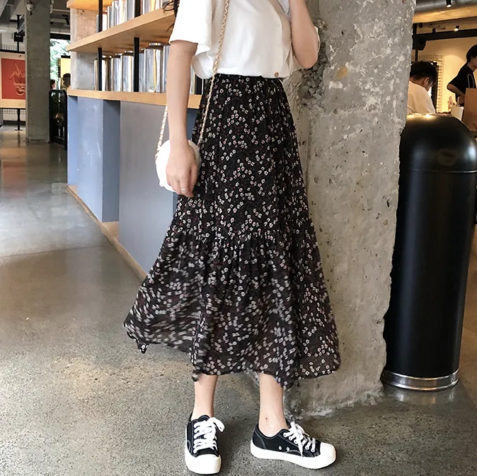 [Korean Style] Chiffon Floral Mermaid Long Skirt