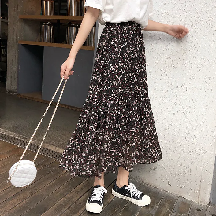 [Korean Style] Chiffon Floral Mermaid Long Skirt