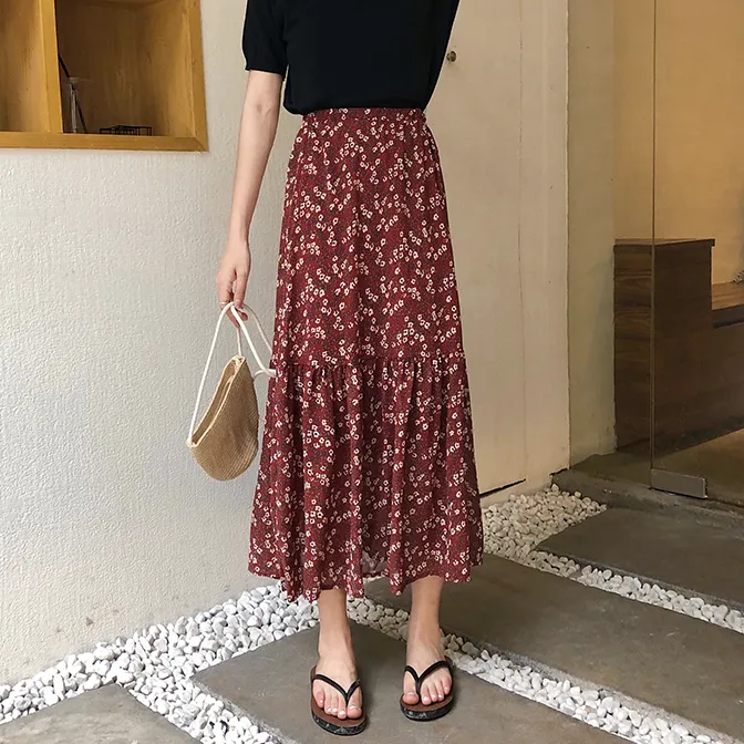 [Korean Style] Chiffon Floral Mermaid Long Skirt