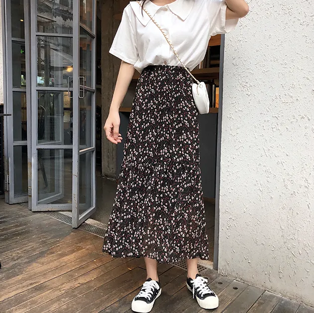 [Korean Style] Chiffon Floral Mermaid Long Skirt