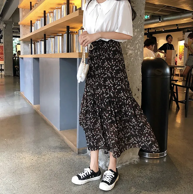 [Korean Style] Chiffon Floral Mermaid Long Skirt